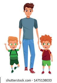 Family single father with kids holding school backpack vector illustration graphic design