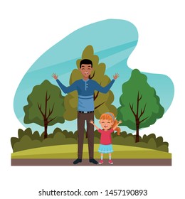 Family single father with little daughter cartoon in nature outdoors scenery ,vector illustration graphic design.