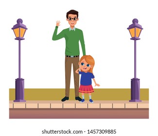 Family single father and little daughter smiling cartoon on the street urban scenery ,vector illustration graphic design.