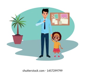 Family single father and little daugther smiling cartoon inside office with plant pot and corkboard vector illustration graphic design.