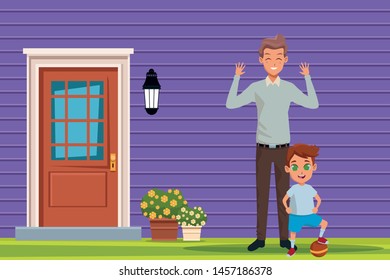 Family single father with little son with ball cartoon outside home scenery ,vector illustration graphic design.