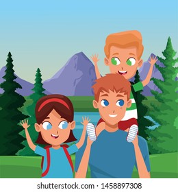 Family single father with son and daughter with backpacks cartoon in the nature landscape background ,vector illustration.