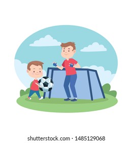Family single father and son playing soccer at park vector illustration graphic.