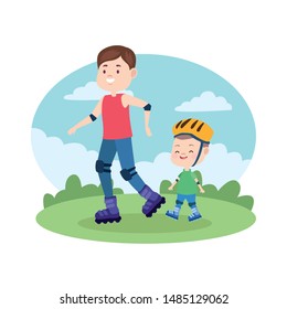 Family single father and son with skates at park vector illustration graphic.