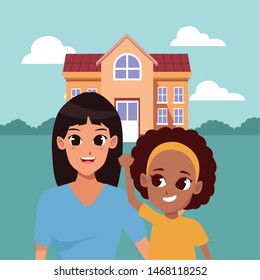 Family single mom and children cartoons outside house vector illustration graphic design