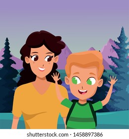 Family single mother with children holding backpack cartoon in the nature landscape background ,vector illustration.