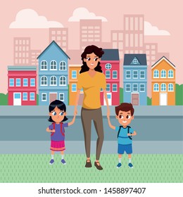 Family single mother with children holding school backpack cartoon in the city park with cityscape background vector illustration graphic design