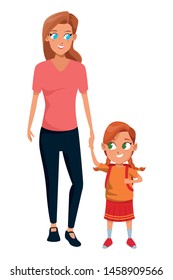Family single mother with children holding school backpack cartoon isolated vector illustration graphic design
