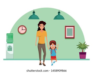 Family single mother with children holding school backpack cartoon inside home with furniture background vector illustration graphic design