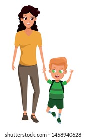 Family single mother with children holding school backpack cartoon isolated vector illustration graphic design