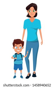 Family single mother with children holding school backpack cartoon isolated vector illustration graphic design