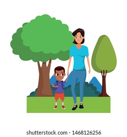 Family single mother with children holding school backpack cartoon outdoors nature park with landscape background vector illustration graphic design