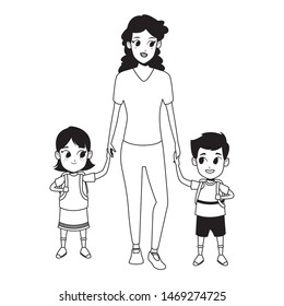 Family single mother with children holding school backpack cartoon isolated vector illustration graphic design