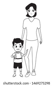 Family single mother with children holding school backpack cartoon isolated vector illustration graphic design