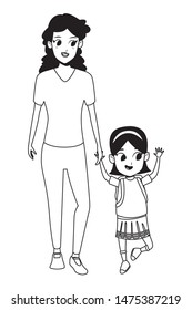 Family single mother with children holding school backpack cartoon isolated vector illustration graphic design