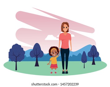 Family single mother with daughter cartoon in nature outdoors park scenery vector illustration graphic design.