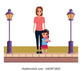 Family single mother with daughter cartoon on the street urban scenery ,vector illustration graphic design.