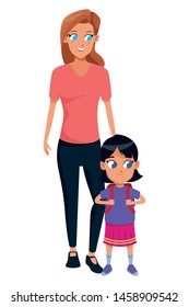 Family single mother with daugther holding school backpack vector illustration graphic design