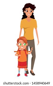 Family single mother with daugther holding school backpack vector illustration graphic design