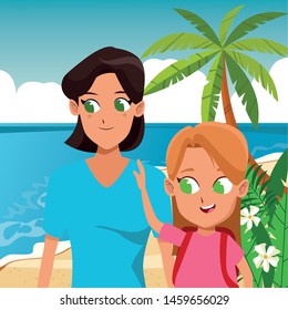 Family single mother with daugther holding school backpack in the beach, summer scenery background ,vector illustration.
