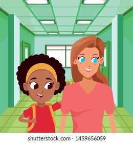 Family single mother with daugther holding school backpack inside building with windows background ,vector illustration.