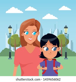 Family single mother with daugther holding school backpack in the city park scenery background ,vector illustration.