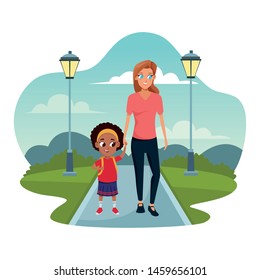 Family single mother with daugther holding school backpack in the nature park, landscape background ,vector illustration.