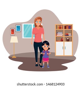 Family single mother with daugther holding school backpack inside home living room with furniture vector illustration graphic design