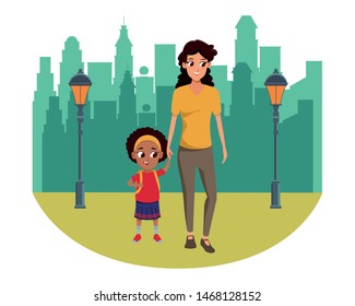 Family single mother with daugther holding school backpack in the city park scenery background vector illustration graphic design