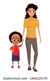 Family single mother with daugther holding school backpack vector illustration graphic design