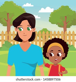 Family single mother with kid daughter holding school backpack in house garden scenery ,vector illustration.