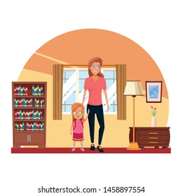 Family single mother with kid daughter holding school backpack inside home scenery background ,vector illustration.
