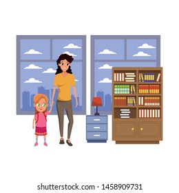 Family single mother with kid daughter holding school backpack inside home scenery background ,vector illustration.