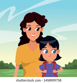 Family single mother with kid daughter holding school backpack in the nature park scenery ,vector illustration.