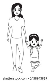 Family single mother with kid daughter holding school backpack isolated vector illustration graphic design
