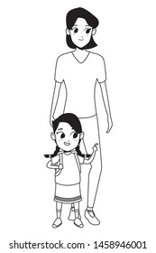 Family single mother with kid daughter holding school backpack isolated vector illustration graphic design