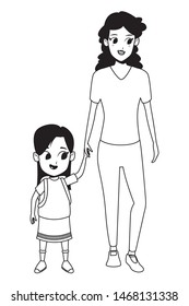 Family single mother with kid daughter holding school backpack isolated vector illustration graphic design