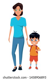 Family single mother with kid son holding school backpack isolated vector illustration graphic design