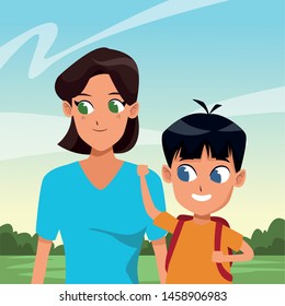 Family single mother with kid son holding school backpack in the nature park scenery ,vector illustration.