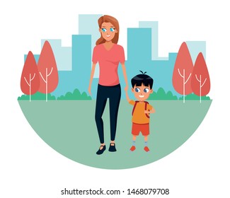 Family single mother with kid son holding school backpack in the city park scenery ,vector illustration.