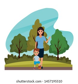Family single mother with little boy playing with ball cartoon in nature outdoors scenery ,vector illustration graphic design.