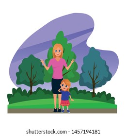 Family single mother with little daughter cartoon in nature outdoors scenery ,vector illustration graphic design.