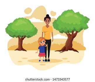 Family single mother with little daughter cartoon in the nature park scenery vector illustration graphic design