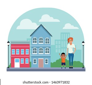 Family single mother with little son cartoon in city neighborhood scenery with houses vector illustration graphic design.