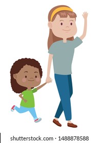 Family single mother playing and smiling with afroamerican daughter cartoon ,vector illustration graphic design.