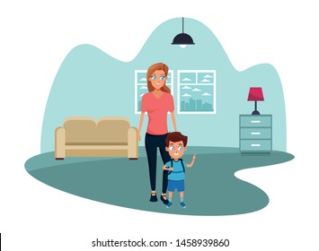 Family single mother with son holding school backpack inside home living room with furniture vector illustration graphic design