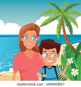 Family single mother with son holding school backpack in the beach, summer scenery background ,vector illustration.