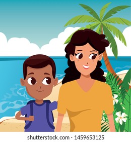 Family single mother with son holding school backpack in the beach, summer scenery background ,vector illustration.