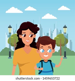 Family single mother with son holding school backpack in the city park scenery background ,vector illustration.