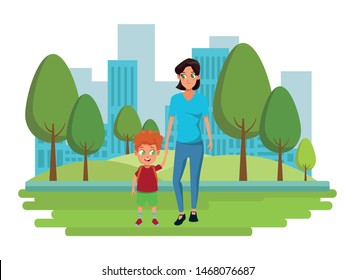 Family single mother with son holding school backpack in the city park scenery background vector illustration graphic design